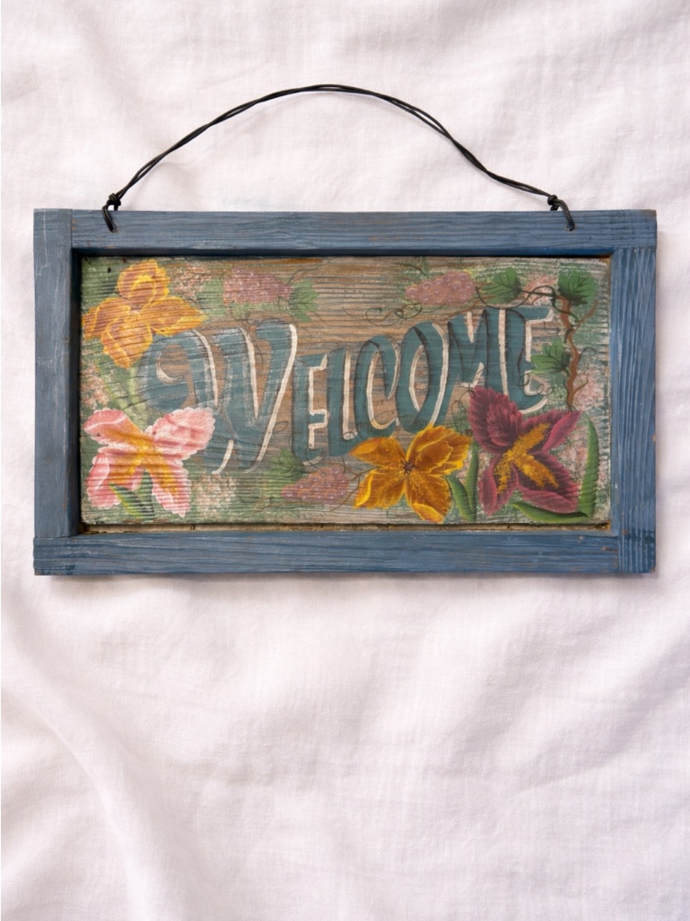 Hand-Painted "Welcome" Floral Wall Hanging in Blue Frame